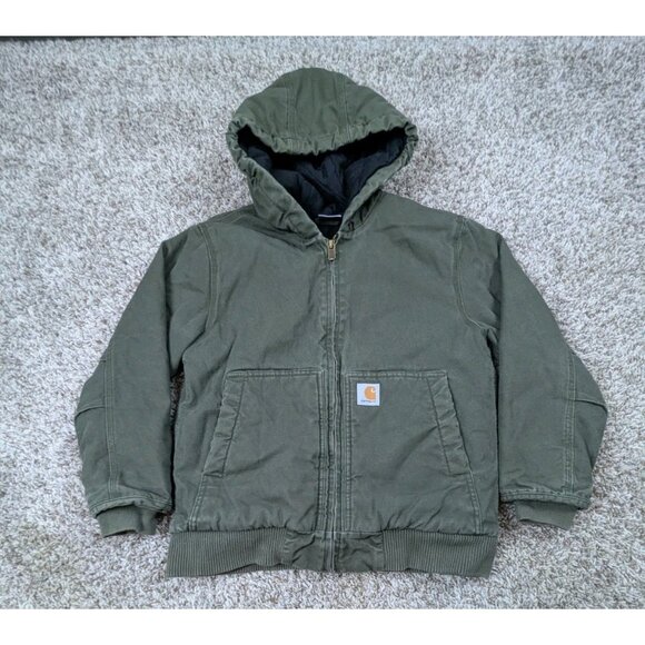 Carhartt Jacket Boys Medium 10-12 Olive Green Duck Canvas Quilt Lined Hooded Zip